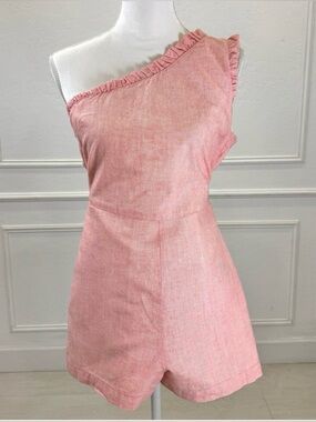 Naked Zebra Pink Linen Blend One Shoulder Ruffled Romper Shorts Size M